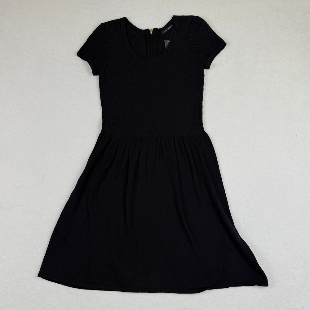 NEW Monoprix Femme Knit Dress Womens 1 Small Black Chevron Skater LBD Parisian